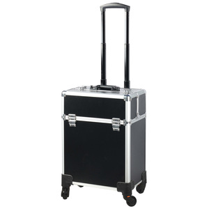 Valise de maquillage professionnelle multi-couches avec roulettes et poignée pour artistes, design noir uni avec empiècements. - Product Image 5