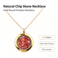 Collier avec pendentif flottant rond en verre et copeaux de cristal naturel, en acier inoxydable plaqué or, pierre de guérison