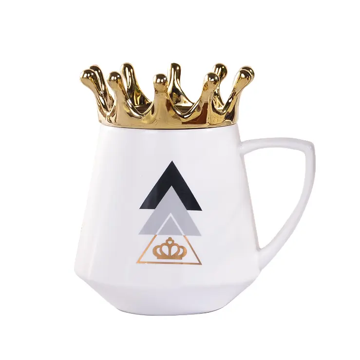 Creative Cup mobile phone stand nordic style ceramic coffee mug with gold crown lid