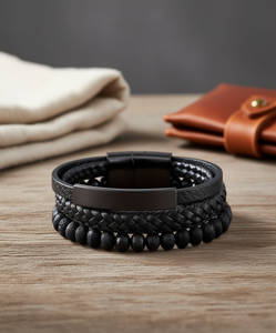 Men's <b>Black</b> Braided Leather <b>Bracelet</b> With <b>Onyx</b> Lava Beads Stainless Steel Clasp Casual Sporty Gift Jewelry - Product Image 2