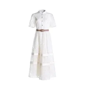 Button Lined Front Collared Neckline Sheered Short Sleeve Belted Waist Lace Layered Midi Dress