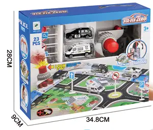 23PCS Multi-functional Portable Map and Storage Bag Alloy Police Car With Ejection Track Map Children Play Mat Traffic Car