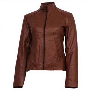 Women Vintage Genuine Leather Biker <b>Jacket</b> Casual Solid Colour Zipper Detail Cotton Lining Anti Wrinkle Winter - Product Image 1