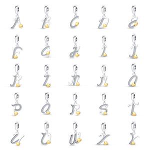 Abalorios de cobre plateado en dos tonos con letras del alfabeto y corazón, con circonitas, compatibles con pulseras europeas - Product Image 1