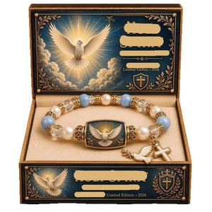 Bracciale con perline Faith da donna, con ciondolo a croce e dettaglio a barra in calcedonio 'Re dei Re', gioiello da polso religioso per uso quotidiano - Product Image 5
