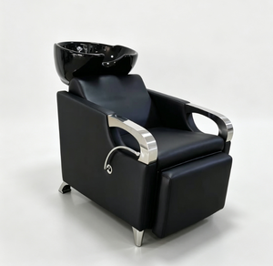 DM Chaise de coiffure économique en similicuir noir avec éponge de densité moyenne, bac en céramique et structure métallique, mobilier de salon traditionnel fixe - Product Image 1