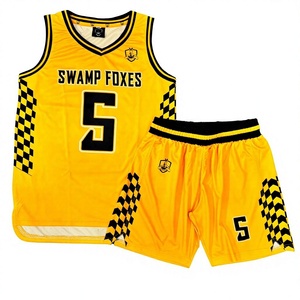 ชุดเสื้อบาสเก็ตบอล Swamp Foxes สีเหลืองดำลายตาราง คอวี แขนกุด แบบซับลิเมชั่น สำหรับผู้ใหญ่ชาย - Product Image 1