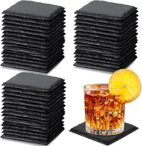 手工制作的天然粗糙边缘黑色石板石杯垫散装方形石板饮料酒吧厨房家居
