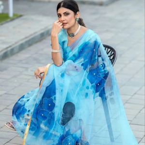Sarees en organza imprimés numériques avec collection légère de travail manuel pour les fêtes toute fonction - Product Image 1
