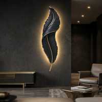Applique murale sculpturale en résine à plumes de 90 cm, artistique, peinte à la main, avec LED filaire, lampe murale d'ambiance à intensité variable