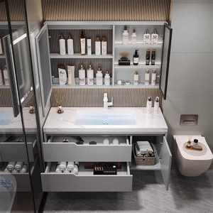 ตู้ห้องน้ำสีดำสุดหรู ตู้กระจกอัจฉริยะ อ่างล้างหน้าสีขาว ตู้แขวนผนัง - Product Image 4