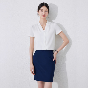 White Chiffon Short Sleeve Blouse For Women Solid Color V Neck Button Front Workwear Professional Shirt Summer 2024 - Product Image 1