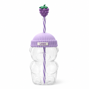 Purple <b>Bear</b> Glass Water <b>Bottle</b> with Ribbed Silicone Lid Grape Straw Topper and Logo Customization - Product Image 1