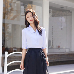 Women's White Shirt Solid Color Poplin Collared Short Sleeve Chic Commuter Top - Product Image 3