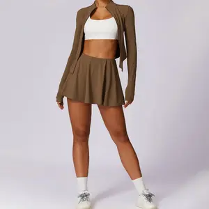 Женская быстросохнущая приталенная куртка на молнии с длинным рукавом и двухслойными шортами, теннисная юбка, уличная спортивная одежда из 2 предметов, 50 +