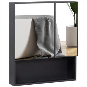 Miroir de salle de bain à double porte, cadre noir, rectangulaire, à suspendre au mur, avec étagère de rangement, verres anti-buée, design minimaliste en aluminium - Product Image 2