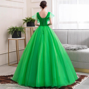 Emerald Green Evening Gown Scoop Neck Floral Print Tulle Dress For Wedding Banquet Performance Women - Product Image 4