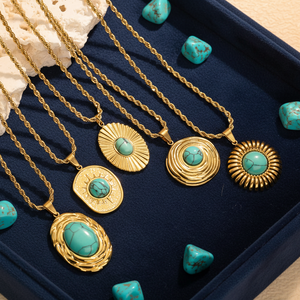 Модные богемные ожерелья с подвесками из нержавеющей стали с позолотой 18K, инкрустированные бирюзой, текстурированные, водонепроницаемые, для многослойного ношения - Product Image 3