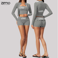 Ensemble de yoga 3 pièces OEM écologique côtelé rayé col montant manches longues short veste Spandex/Polyester respirant léger