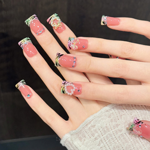 Ongles à presser courts tendance Design K8 Export <span class=keywords><strong>USA</strong></span>, nœud 3D de luxe fait main, 10 faux ongles français pour femmes - Product Image 6