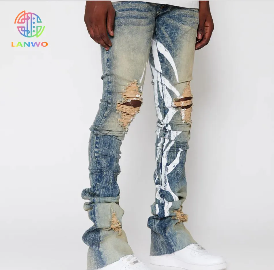 Lanwo Vintage Stacked Denim Pants For Men Wholesale Custom Slim Fit Prints Ripped Stacked Jeans Men Flare Pants