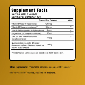Venta Caliente OEM - Personalizable - Cápsulas de Vitamina D3 K2 Magnesio 5000 UI, 120mcg K2, 120 Unidades con Vitamina B6, Zinc y Quercetina - Product Image 2