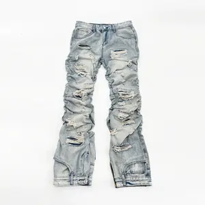 Customized loose layered wide leg flared retro wash heavyweight jeans