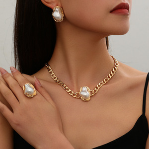 Unique Gold Plated Bracelet Earring <b>Necklace</b> <b>Set</b> Irregular Shape <b>PEARL</b> RINGS and Chains Neckless Complete Jewelry <b>Set</b> for Women - Product Image 3