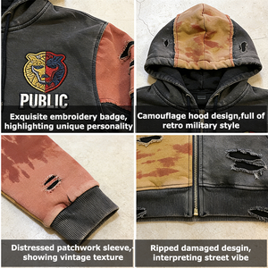 Fabricante OEM/ODM, Sudadera con Capucha para Hombre, Estilo Streetwear, Lavado Ácido, Algodón, Corte Cuadrado, Patchwork, Bordado Plano, Cierre de Cremallera - Product Image 2