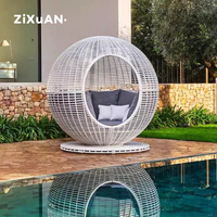 Cabaña de Mimbre con Techo de Arco para Varias Personas, Sofá de Exterior Impermeable para Piscina con Cojines