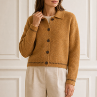 Cardigan mélangé personnalisé pour femme, jaune ocre, col pointu, boutonnage frontal, manches longues, vente en gros d'usine OEM ODM, hiver