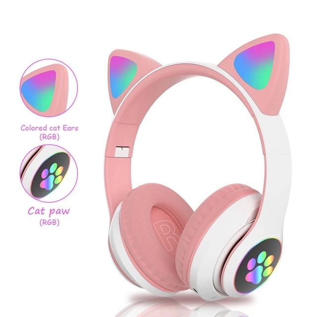 Wireless Headphones RGB Light Cat Ear Cartoons Stereo Bass Kids Girls Headset Christmas Gift