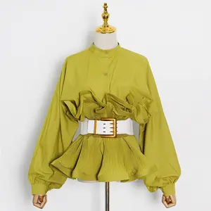 Цвета: белый, черный, желтый; Женские блузки воланами Длинные рукава оборками дизайн Блузы для девочек с поясом