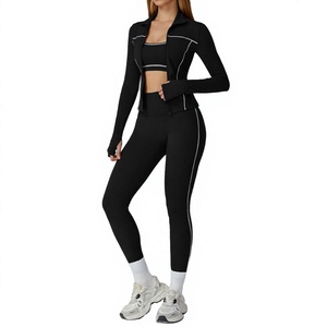 Ensemble de sport 4 pièces OEM pour femme : Leggings de yoga brossés, soutien-gorge de sport et veste ajustée avec cordon de serrage – Tenue de sport slim - Product Image 4