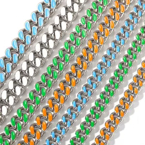 12mm Multi Colored Blue Orange White Green Rainbow Color Enamel Miami Cuban Link Chain for Men Women