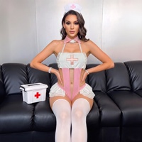 8053 Lingerie sexy de type infirmière pour femme, combinaison de cosplay, ensemble uniforme à découpes ajourées avec bordure en dentelle et volants