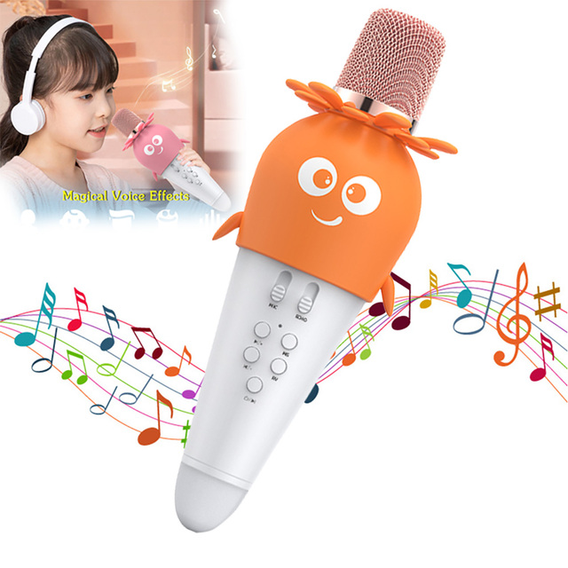 Kids Carrot Shaped Wireless Karaoke Microphone Voice Change Echo Built in Speaker Home Party Birthday Gift Portable Singing Mic