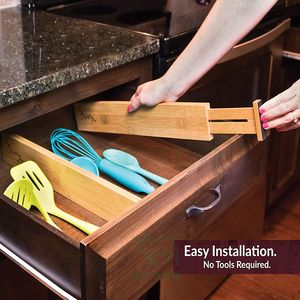 Bamboo Wooden <b>Drawer</b> Divider, Set of 4 Adjustable <b>Organizers</b> Natural Organic Bamboo Expandable, Spring Loaded Works in Kitchen - Product Image 6