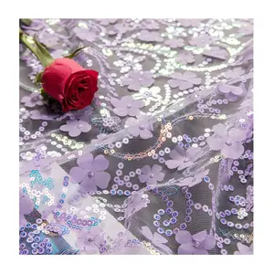 High Quality Fabric Supplier 3D Flower Embroidery Polyester Sequin Tulle Wedding Special Occasion Dress Fabric