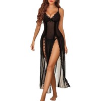Nuisette sexy en dentelle transparente à fente haute, en polyester, sans manches, longue, en tulle fin, pour femme