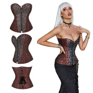 Phụ Nữ Dây Kéo Nâu Gothic Thổ Cẩm Steampunk Thép Boned Cổ Điển Corset Cướp Biển Halloween Trang Phục