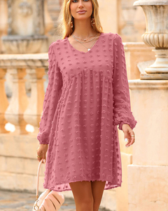 Abbigliamento da donna con scollo a V in Chiffon abito da Babydoll con maniche trasparenti ampio e Casual lungo lungo lungo mezza Pom Pom - Product Image 5