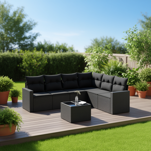 Ensemble de canapés de patio en polyrotin noir, 7 pièces, meubles d'extérieur avec coussins, style contemporain, design moderne - Product Image 2