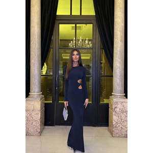 Robe bleu marine à nouer avec détail fenêtre et imprimé motif, style simple - Product Image 3