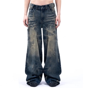 Wholesale 100% Cotton <b>Soft</b> Comfortable Distressed Loose Fit <b>Jeans</b> Deconstruct Design Hand Make Effect Washed Blue Men's <b>Jeans</b> - Product Image 1