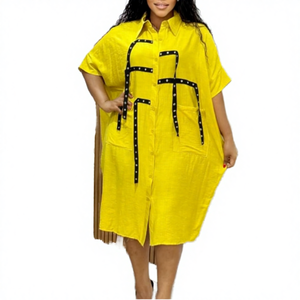 Robe midi décontractée pour femme, unie, taille naturelle, épaules tombantes, demi-manches, col rabattu, respirante, 100 % polyester, coupe ample, printemps - Product Image 4