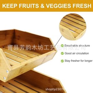 Cesta de frutas de madera maciza de tres niveles con ganchos para almacenamiento en la cocina, ecológica, de forma rectangular - Product Image 5