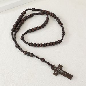 Rosario Católico Hecho a Mano con Cuentas de Madera Natural, Collar con Cruz y Colgante de Jesús, Joyería Religiosa, Venta al por Mayor - Product Image 6
