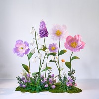 Grande Composition Florale en Papier Finie, Décoration Scénique de Fleurs Artificielles Violettes, Installation Artistique 3D Papillon du Jardin de Monet