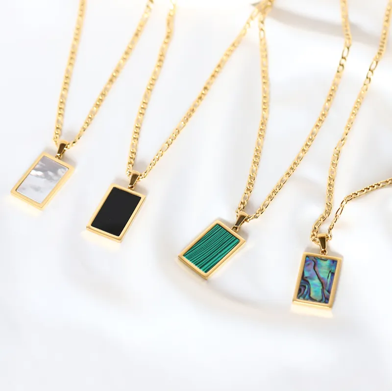 MICCI Wholesale Custom 18K Gold Plated Stainless Steel Square Rectangle Abalone Malachite Onyx Turquoise Shell Pendant Necklaces